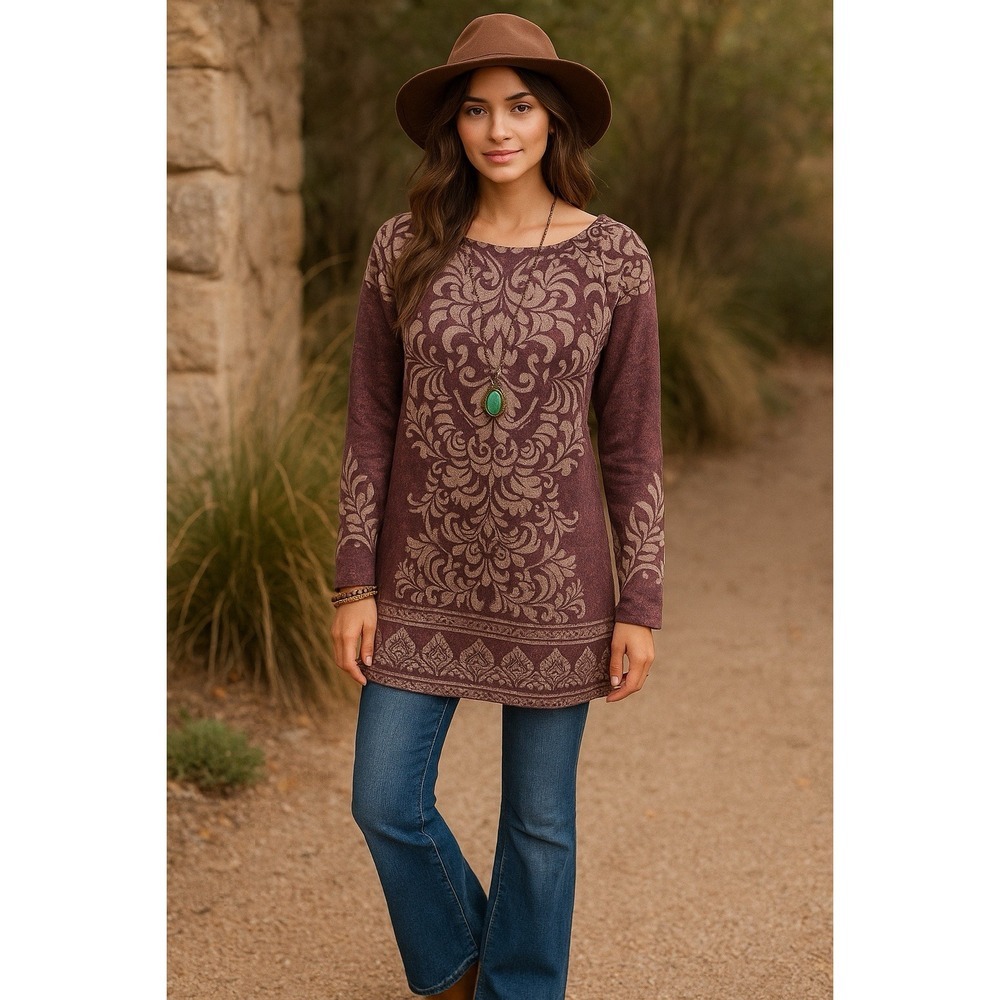 Farmers‎ Market Boho Chic Top Purple Damask Print Long Sleeve Button Detail S